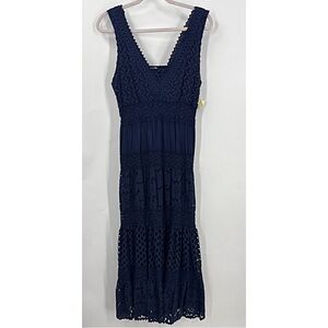 Reba 100% cotton laced eyelet tiered midi/ maxi dark  blue scalloped trim dress